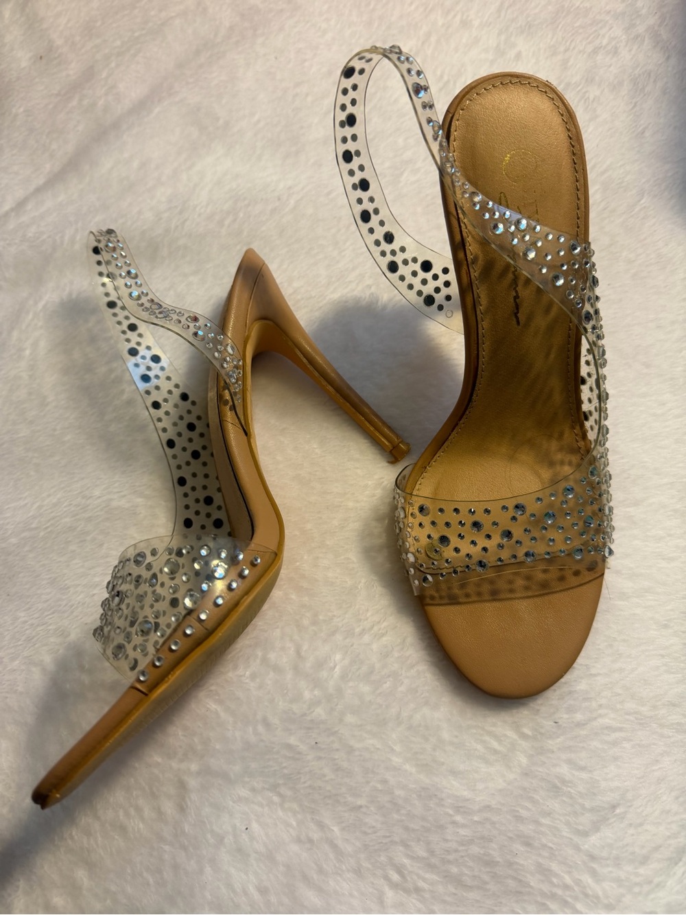 Olivia Ferragamo Rhinestone-Accent Clear Strap High Heel Sandals.
